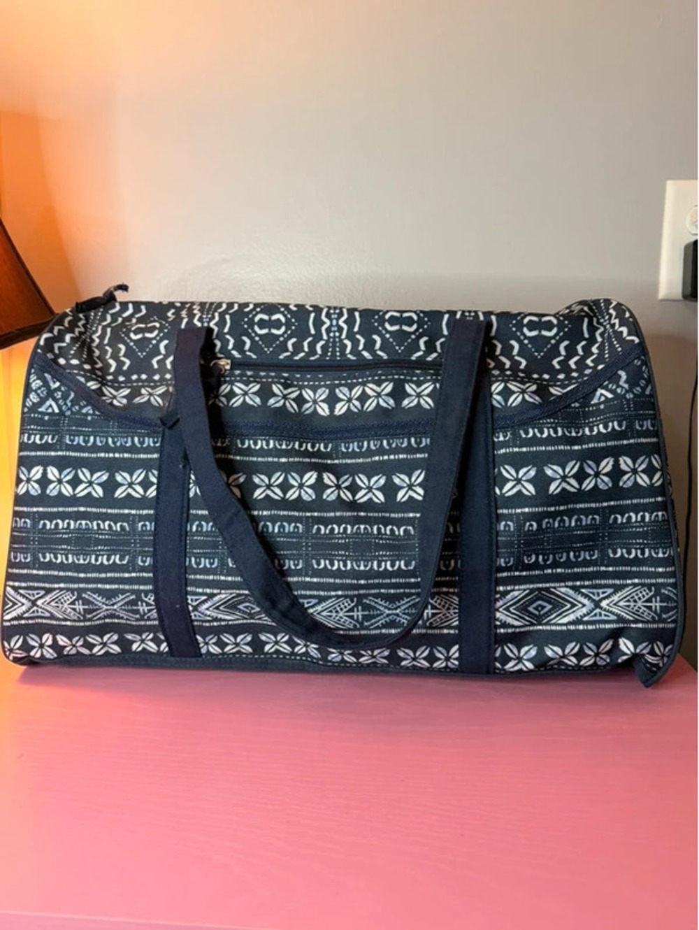 Navy Blue White Geometric Print Duffel Bag Weekender Travel Gym Bag